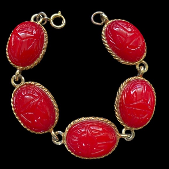 Vintage Red Czech Glass Egyptian Scarab bracelet beetle MCM costume jewelry - Picture 6 of 13